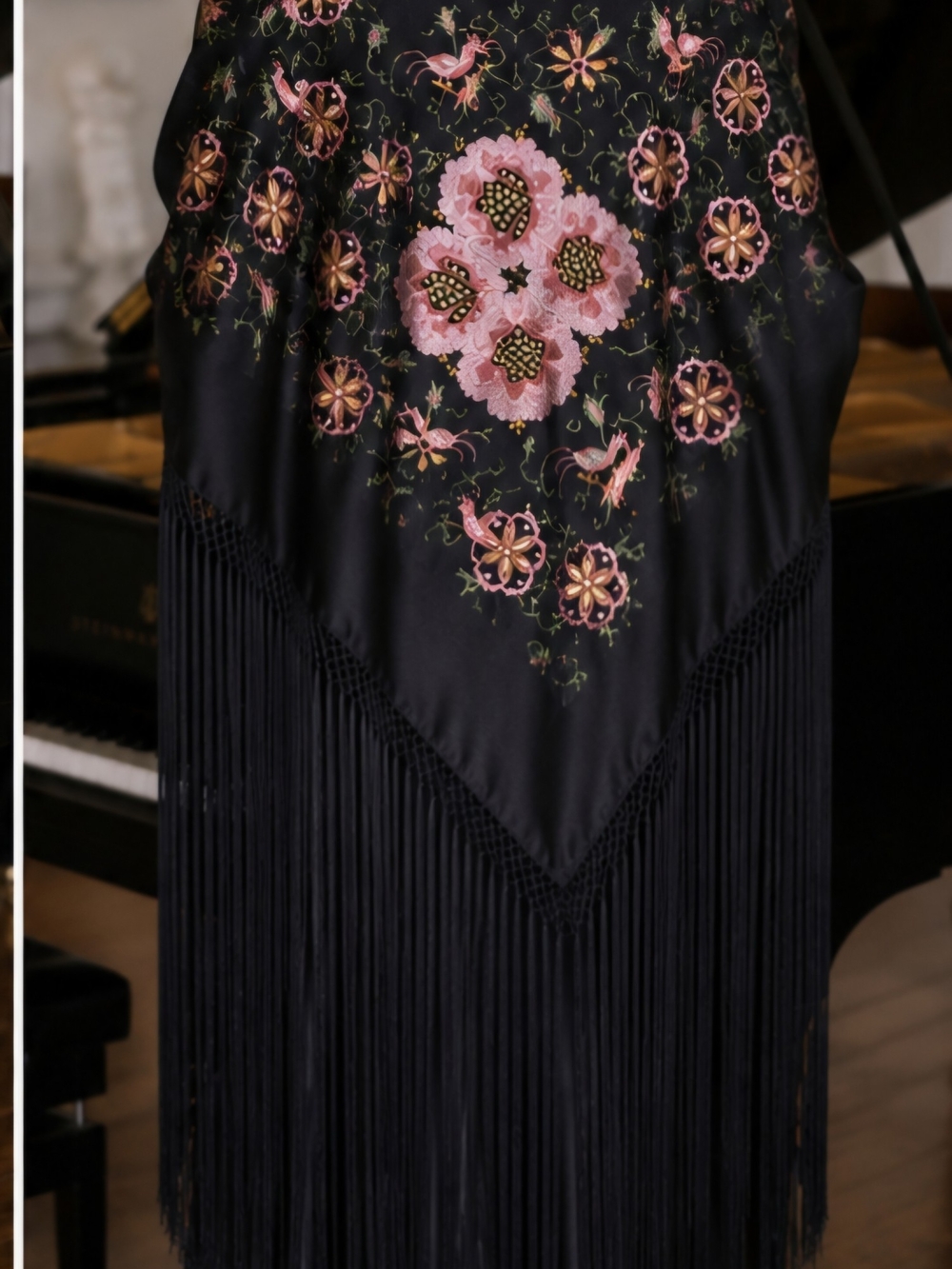 Large Black Floral Embroidered Fringe Silk Piano Shawl 4x4 - Picture 2 of 15